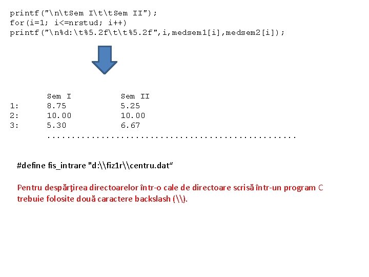 printf("nt. Sem Itt. Sem II"); for(i=1; i<=nrstud; i++) printf("n%d: t%5. 2 ftt%5. 2 f",