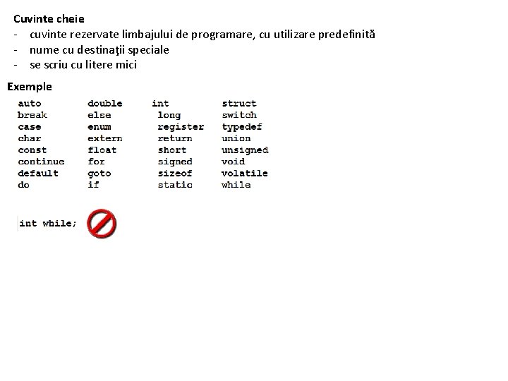 Cuvinte cheie - cuvinte rezervate limbajului de programare, cu utilizare predefinită - nume cu