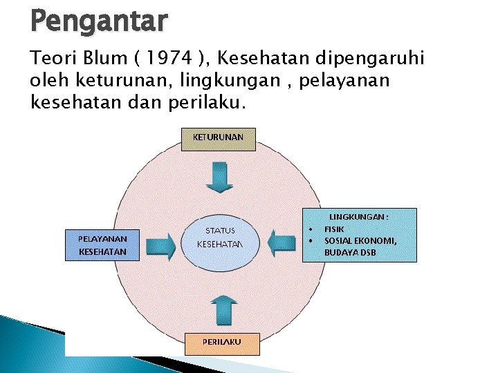 Pengantar Teori Blum ( 1974 ), Kesehatan dipengaruhi oleh keturunan, lingkungan , pelayanan kesehatan