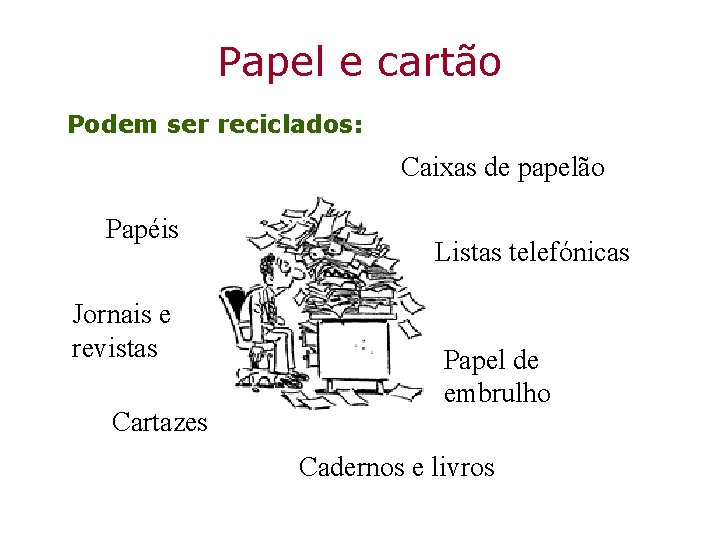 Papel e cartão Podem ser reciclados: Caixas de papelão Papéis Jornais e revistas Cartazes