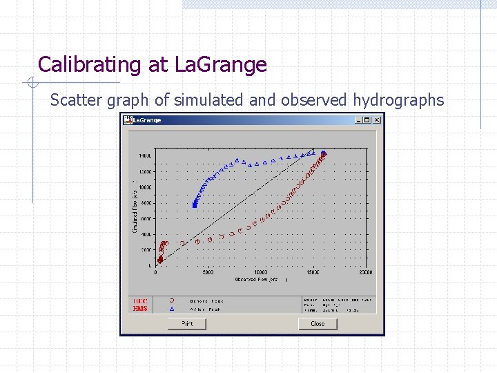 Calibrating at La. Grange Scatter graph of simulated and observed hydrographs 