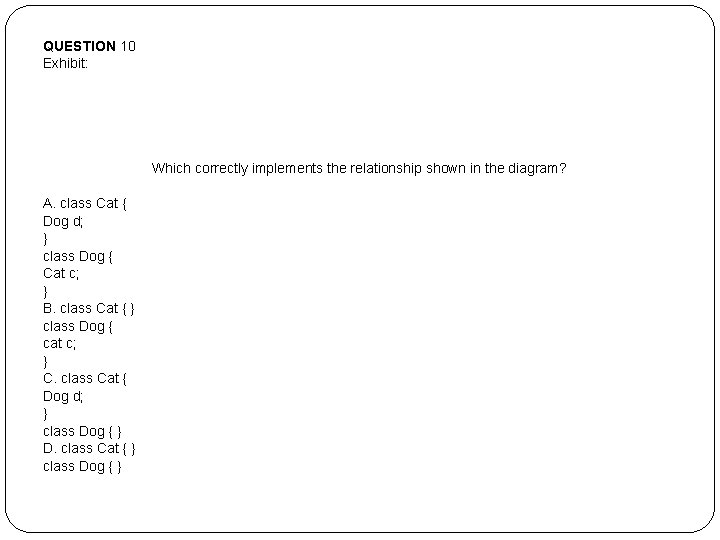 QUESTION 10 Exhibit: Which correctly implements the relationship shown in the diagram? A. class QUESTION 10 Exhibit: Which correctly implements the relationship shown in the diagram? A. class