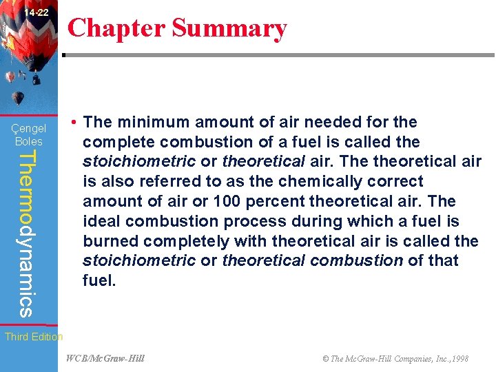 14 -22 Çengel Boles Chapter Summary Thermodynamics • The minimum amount of air needed