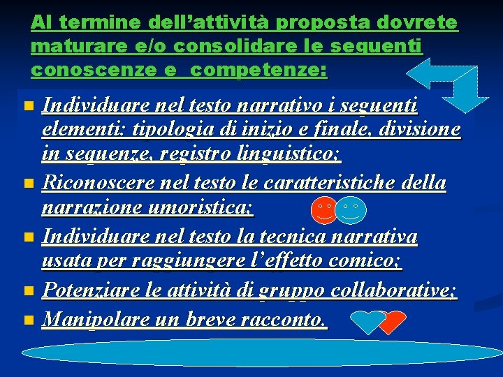 Al termine dell’attività proposta dovrete maturare e/o consolidare le seguenti conoscenze e competenze: Individuare