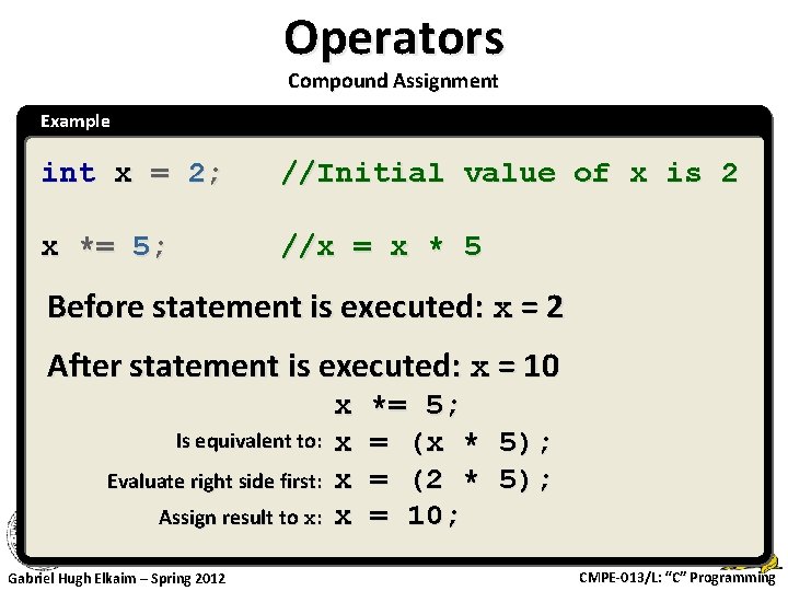 Operators Compound Assignment Example int x = 2; //Initial value of x is 2