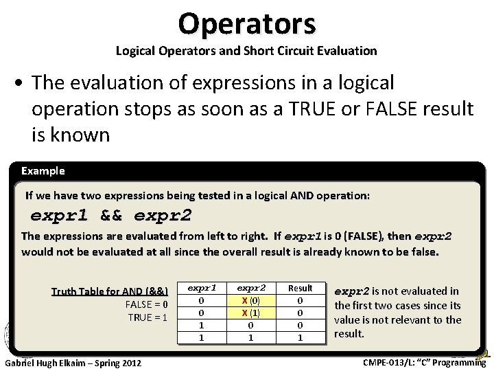 Operators Logical Operators and Short Circuit Evaluation • The evaluation of expressions in a