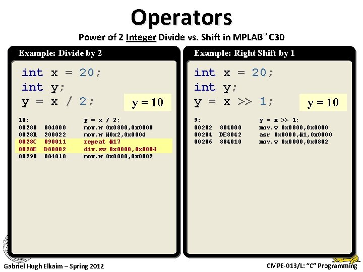 Operators Power of 2 Integer Divide vs. Shift in MPLAB® C 30 Example: Divide