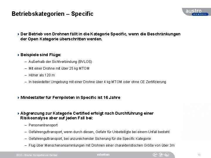 Betriebskategorien – Specific 4 Der Betrieb von Drohnen fällt in die Kategorie Specific, wenn