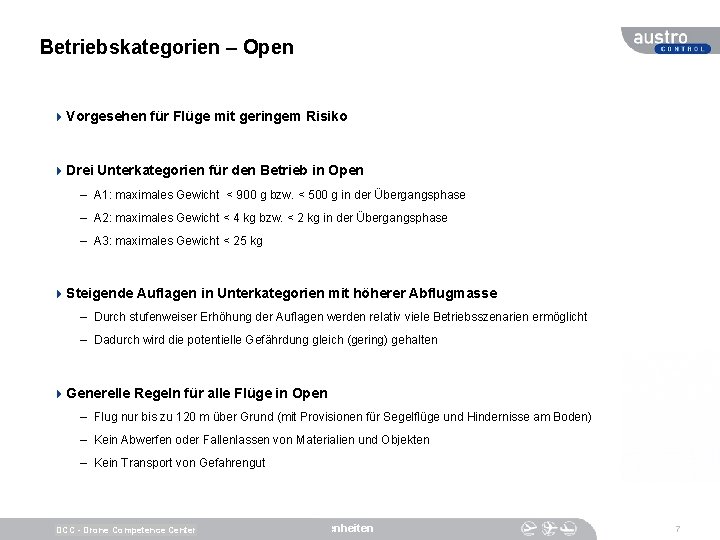 Betriebskategorien – Open 4 Vorgesehen für Flüge mit geringem Risiko 4 Drei Unterkategorien für