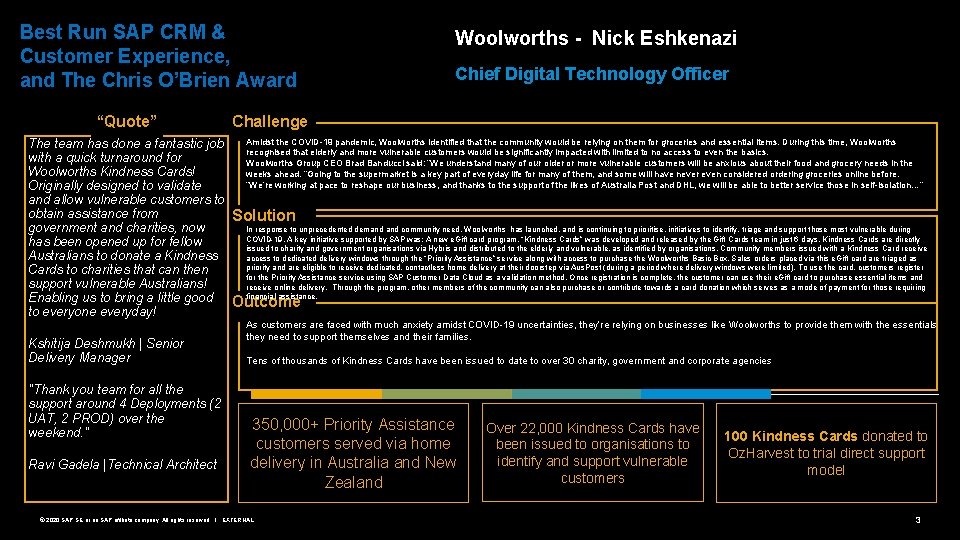 Best Run SAP CRM & Customer Experience, and The Chris O’Brien Award “Quote” Woolworths