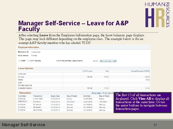 Manager Self-Service – Leave for A&P Faculty After selecting Leave from the Employee Information Manager Self-Service – Leave for A&P Faculty After selecting Leave from the Employee Information