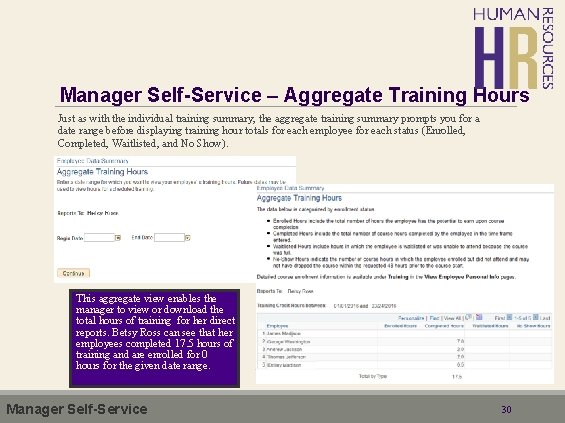 Manager Self-Service – Aggregate Training Hours Just as with the individual training summary, the