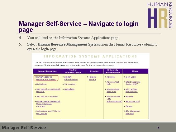 Manager Self-Service – Navigate to login page 4. You will land on the Information
