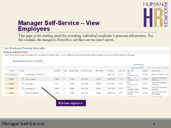 Manager Self-Service – View Employees This page is the starting point for accessing individual