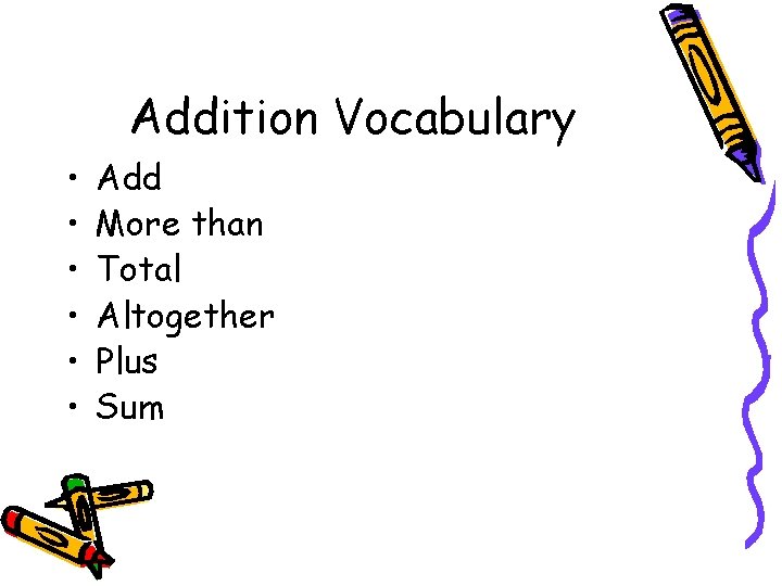 Addition Vocabulary • • • Add More than Total Altogether Plus Sum 