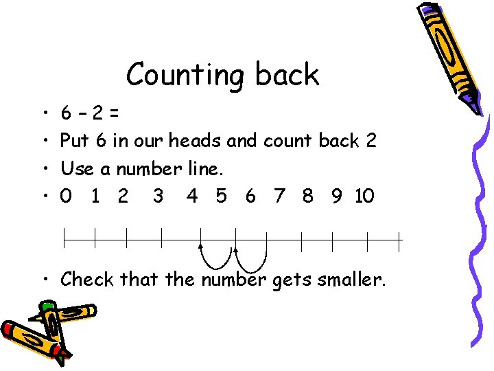 Counting back • • 6– 2= Put 6 in our heads and count back