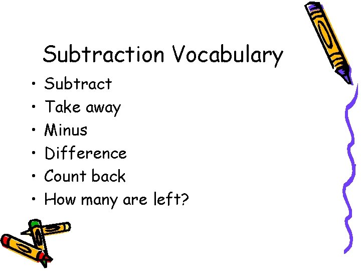 Subtraction Vocabulary • • • Subtract Take away Minus Difference Count back How many