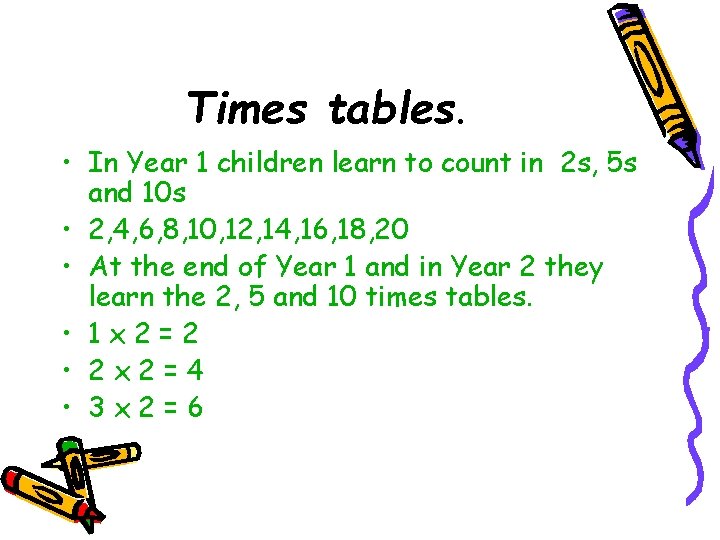 Times tables. • In Year 1 children learn to count in 2 s, 5