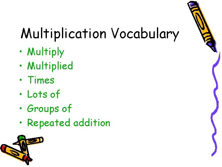 Multiplication Vocabulary • • • Multiply Multiplied Times Lots of Groups of Repeated addition