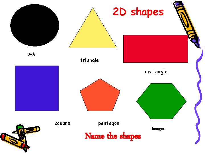 2 D shapes circle triangle rectangle square pentagon Name the shapes hexagon 