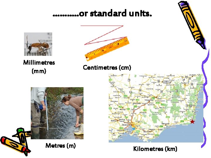 ……. . …or standard units. Millimetres (mm) Metres (m) Centimetres (cm) Kilometres (km) 