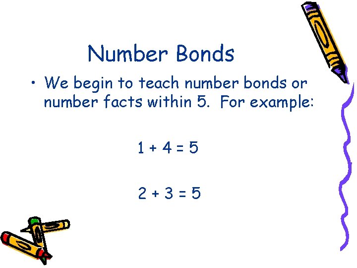 Number Bonds • We begin to teach number bonds or number facts within 5.
