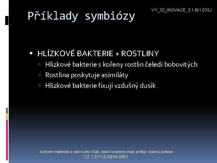 Příklady symbiózy VY_32_INOVACE_3. 1. Bi 1. 07/Li HLÍZKOVÉ BAKTERIE + ROSTLINY Hlízkové bakterie s