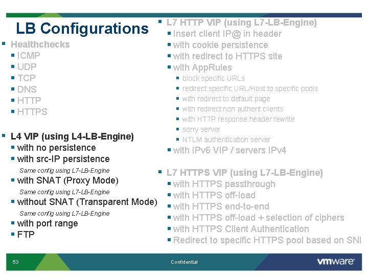 LB Configurations § Healthchecks § ICMP § UDP § TCP § DNS § HTTPS