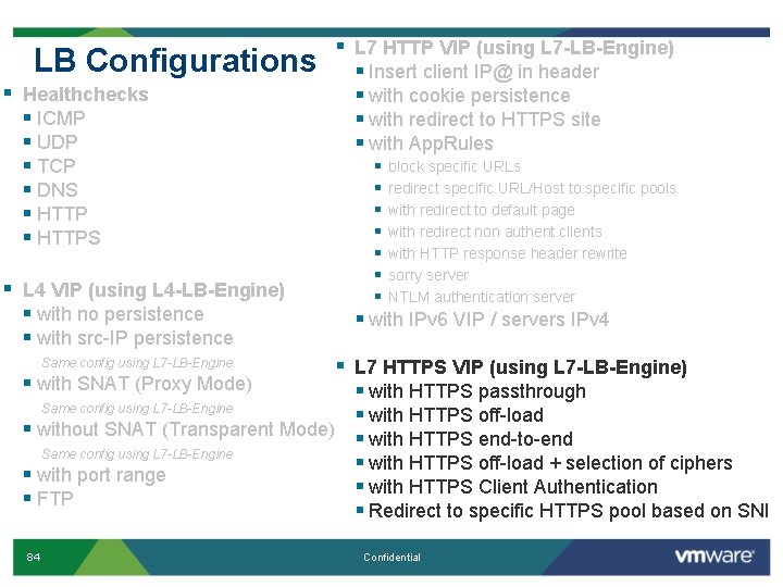 LB Configurations § Healthchecks § ICMP § UDP § TCP § DNS § HTTPS