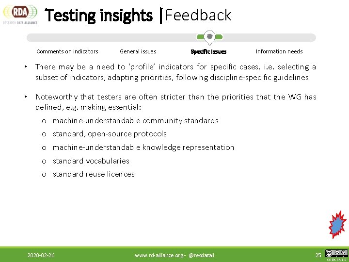Testing insights |Feedback Comments on indicators General issues Specific issues Information needs • There