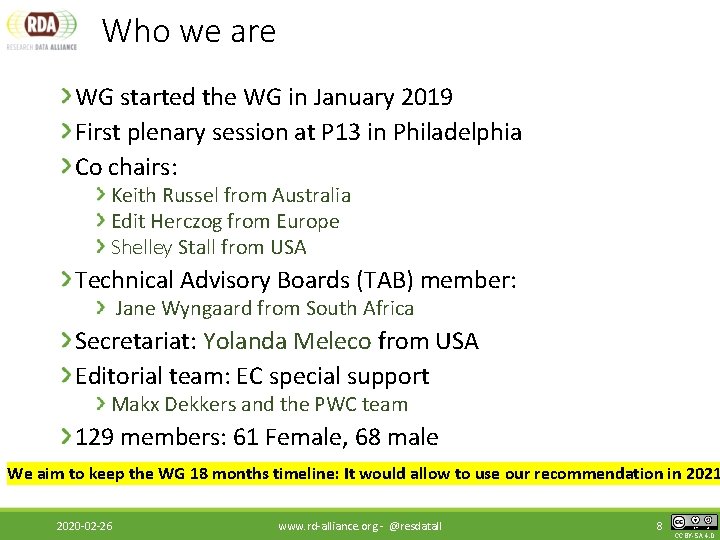  Who we are WG started the WG in January 2019 First plenary session