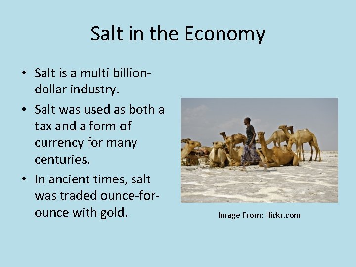 Salt in the Economy • Salt is a multi billiondollar industry. • Salt was