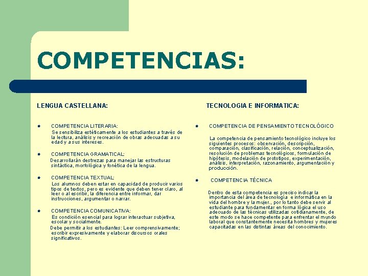 COMPETENCIAS: LENGUA CASTELLANA: l COMPETENCIA LITERARIA: Se sensibiliza estéticamente a los estudiantes a través