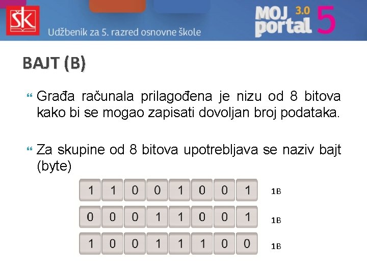 BAJT (B) Građa računala prilagođena je nizu od 8 bitova kako bi se mogao