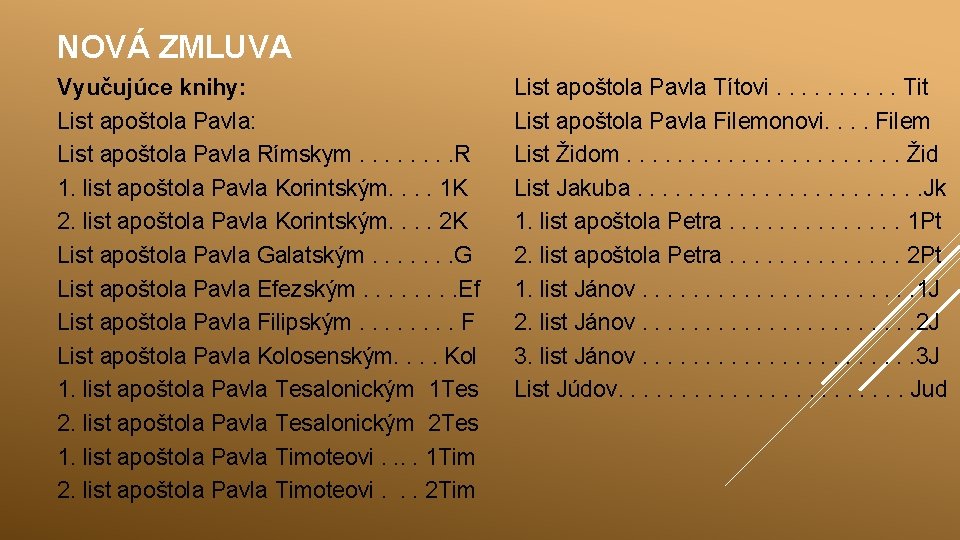 NOVÁ ZMLUVA Vyučujúce knihy: List apoštola Pavla Rímskym. . . . R 1. list