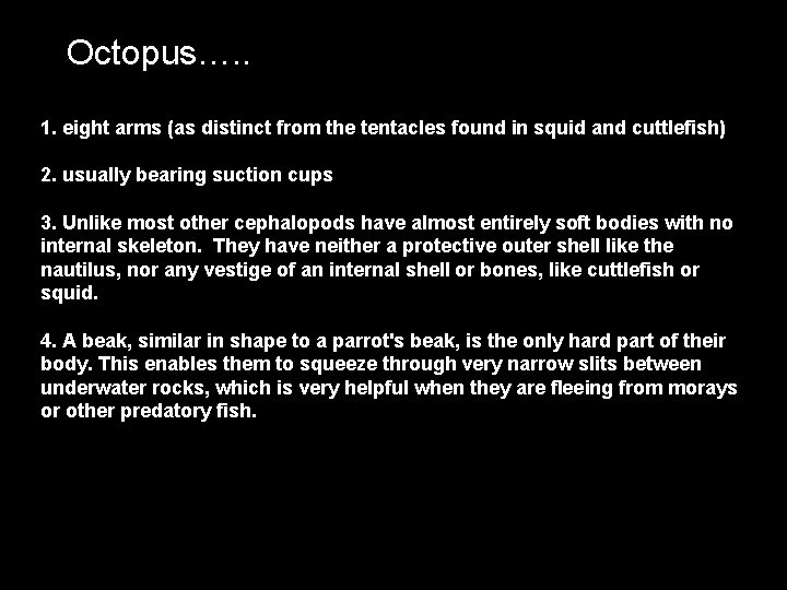 Octopus…. . 1. eight arms (as distinct from the tentacles found in squid and