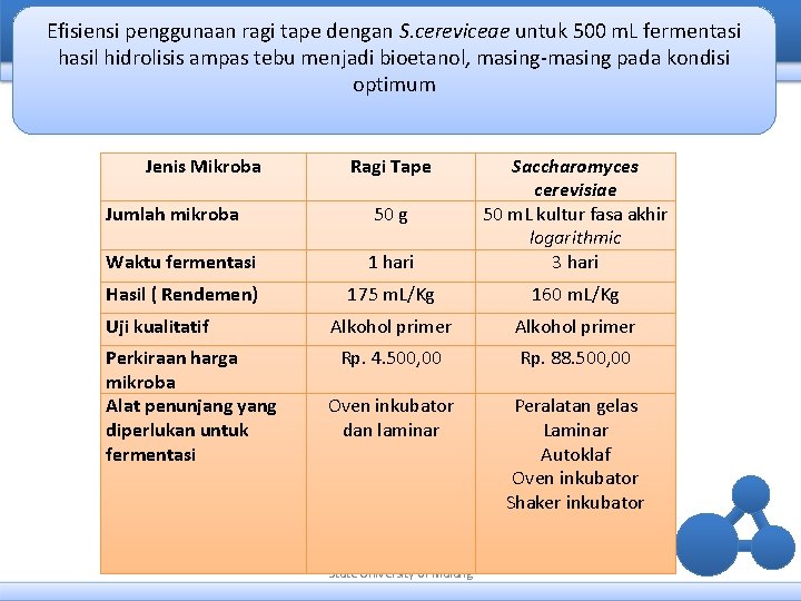 Efisiensi penggunaan ragi tape dengan S. cereviceae untuk 500 m. L fermentasi hasil hidrolisis