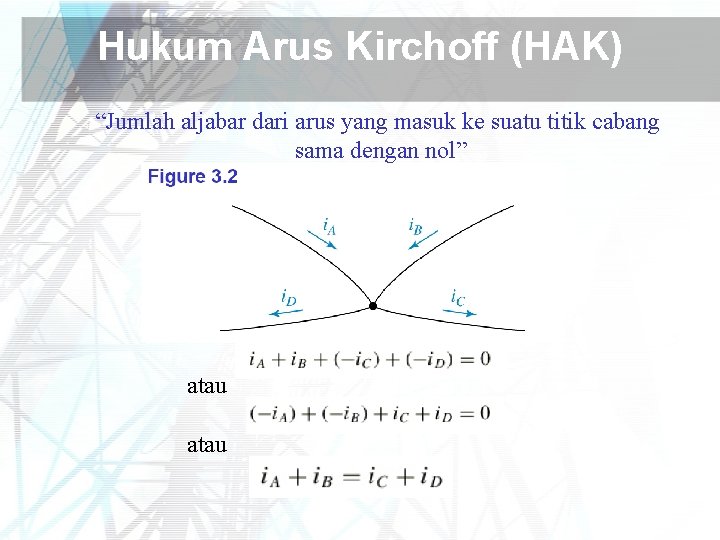 Hukum Arus Kirchoff (HAK) “Jumlah aljabar dari arus yang masuk ke suatu titik cabang