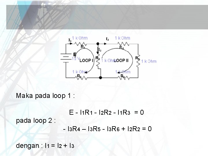 Maka pada loop 1 : E - I 1 R 1 - I 2