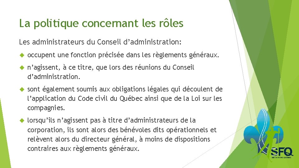 La politique concernant les rôles Les administrateurs du Conseil d’administration: occupent une fonction précisée