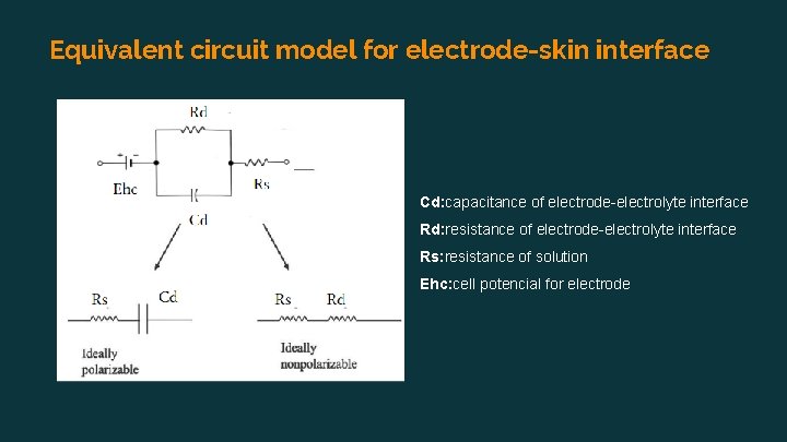 Equivalent circuit model for electrode-skin interface Cd: capacitance of electrode-electrolyte interface Rd: resistance of
