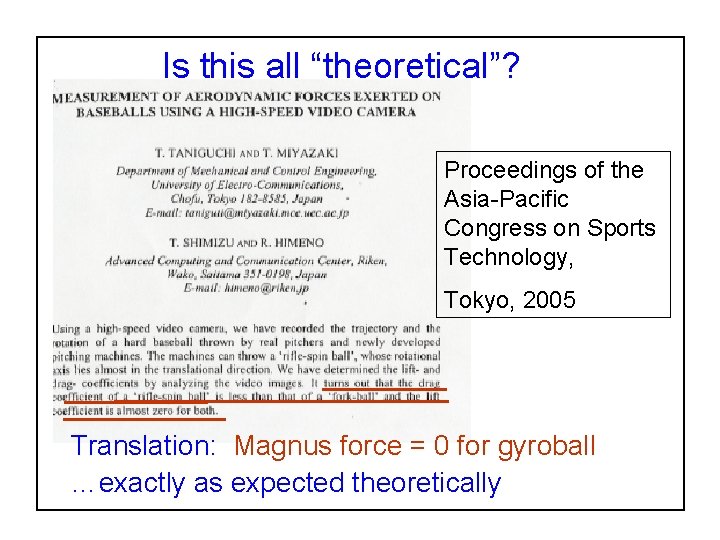 Is this all “theoretical”? Proceedings of the Asia-Pacific Congress on Sports Technology, Tokyo, 2005