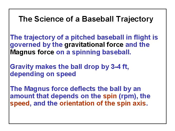 The Science of a Baseball Trajectory The trajectory of a pitched baseball in flight