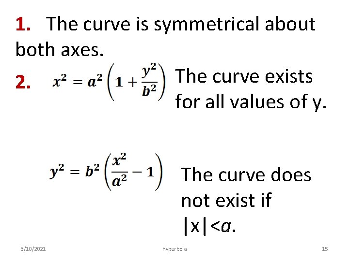 1. The curve is symmetrical about both axes. The curve exists 2. for all