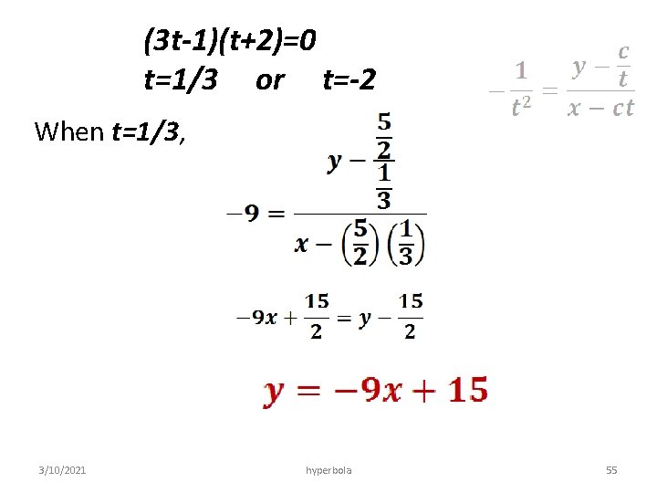 (3 t-1)(t+2)=0 t=1/3 or t=-2 When t=1/3, 3/10/2021 hyperbola 55 