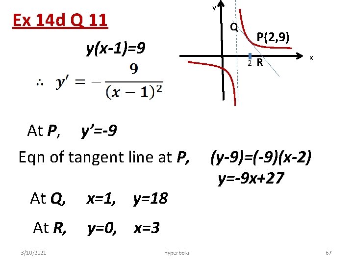 y Ex 14 d Q 11 Q y(x-1)=9 2 At P, y’=-9 Eqn of