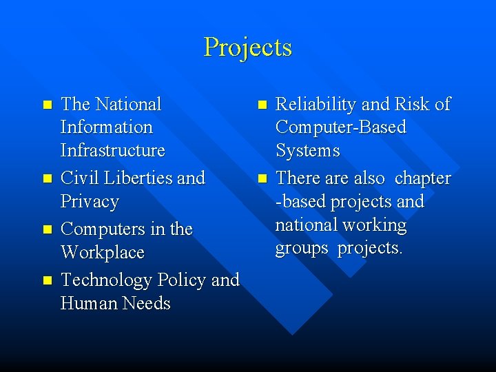 Projects n n The National Information Infrastructure Civil Liberties and Privacy Computers in the