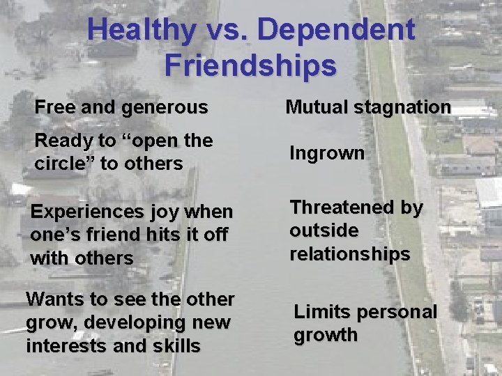 Healthy vs. Dependent Friendships Free and generous Mutual stagnation Ready to “open the circle”