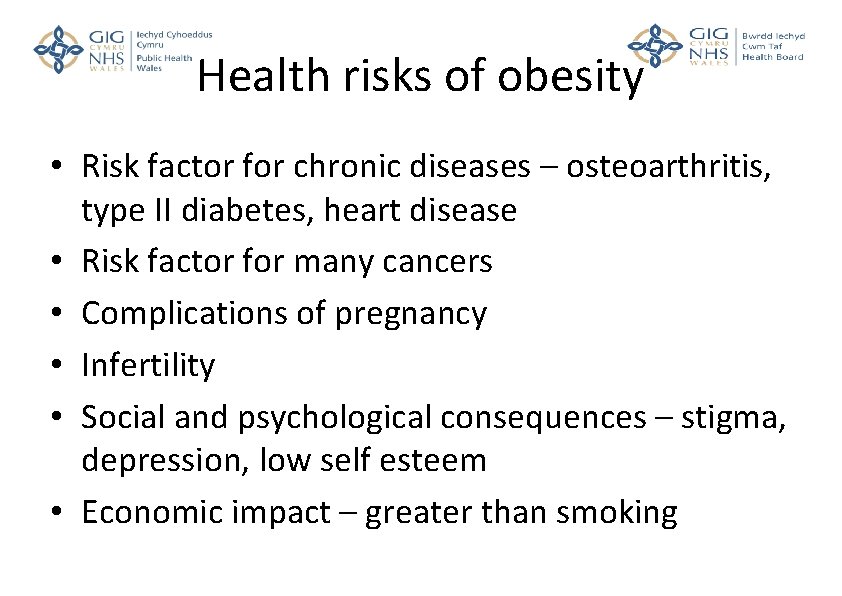 Health risks of obesity • Risk factor for chronic diseases – osteoarthritis, type II