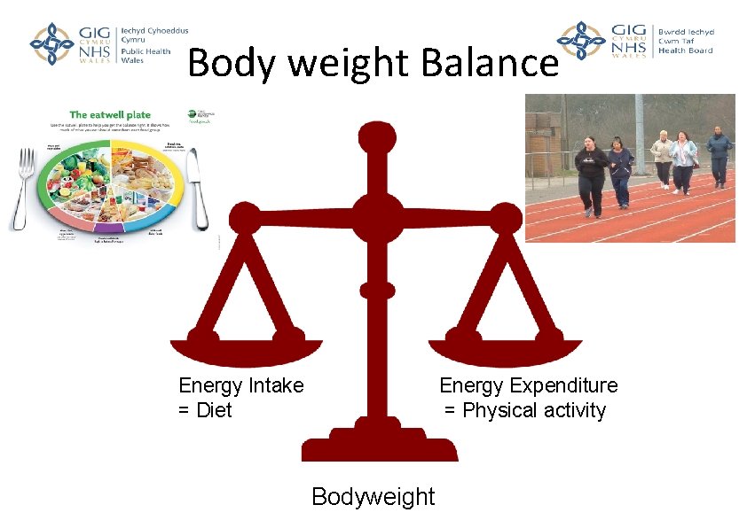 Body weight Balance Energy Intake = Diet Energy Expenditure = Physical activity Bodyweight 